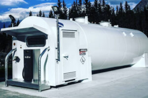 A bright white Fuel Proof Bulk Aviation Fuel Tank designed, assembled and installed for our customers in Norway