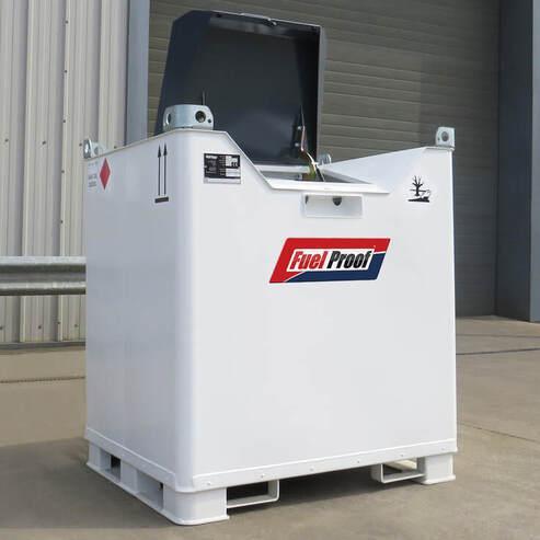A photo of a bright white, double-walled, all-steel Fuelcube diesel tank by Fuel Proof