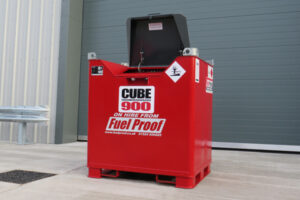 A bright red 900 Litre Solar Fuelcube double-walled steel diesel tank by Fuel Proof
